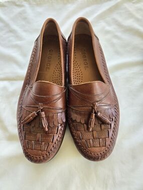 VINTAGE George Men's 9.5 Brown Woven Leather Tassel Loafers Made in Brazil